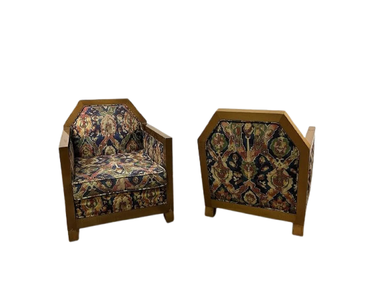 Pair of wooden and fabric armchairs, 1940s 18