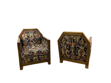 Pair of wooden and fabric armchairs, 1940s