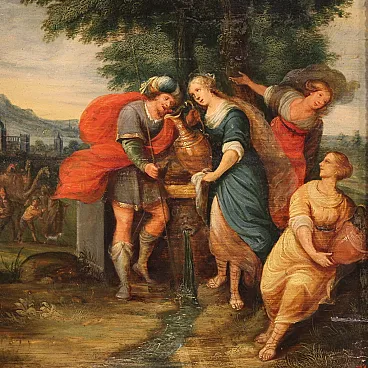 Flemish painting on wood, Rebecca at the well, 17th century