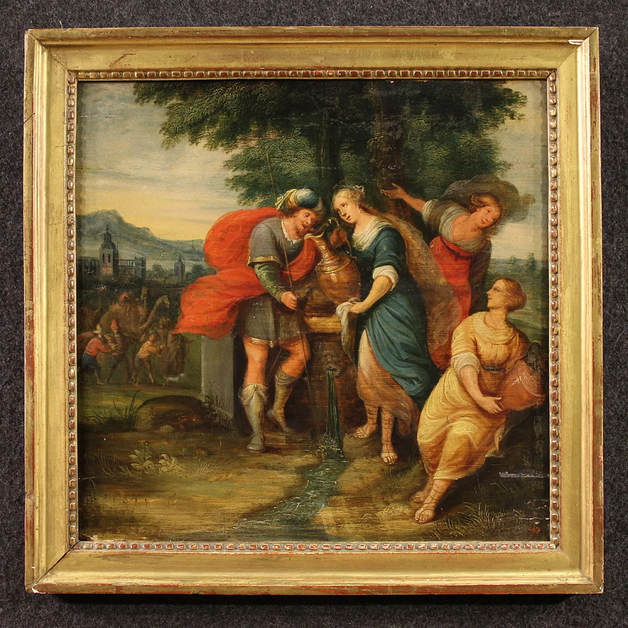 Flemish painting on wood, Rebecca at the well, 17th century 2