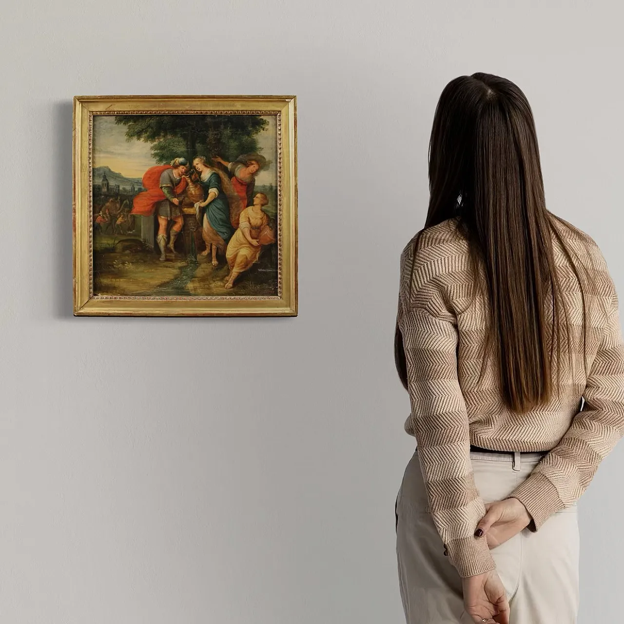 Flemish painting on wood, Rebecca at the well, 17th century 3