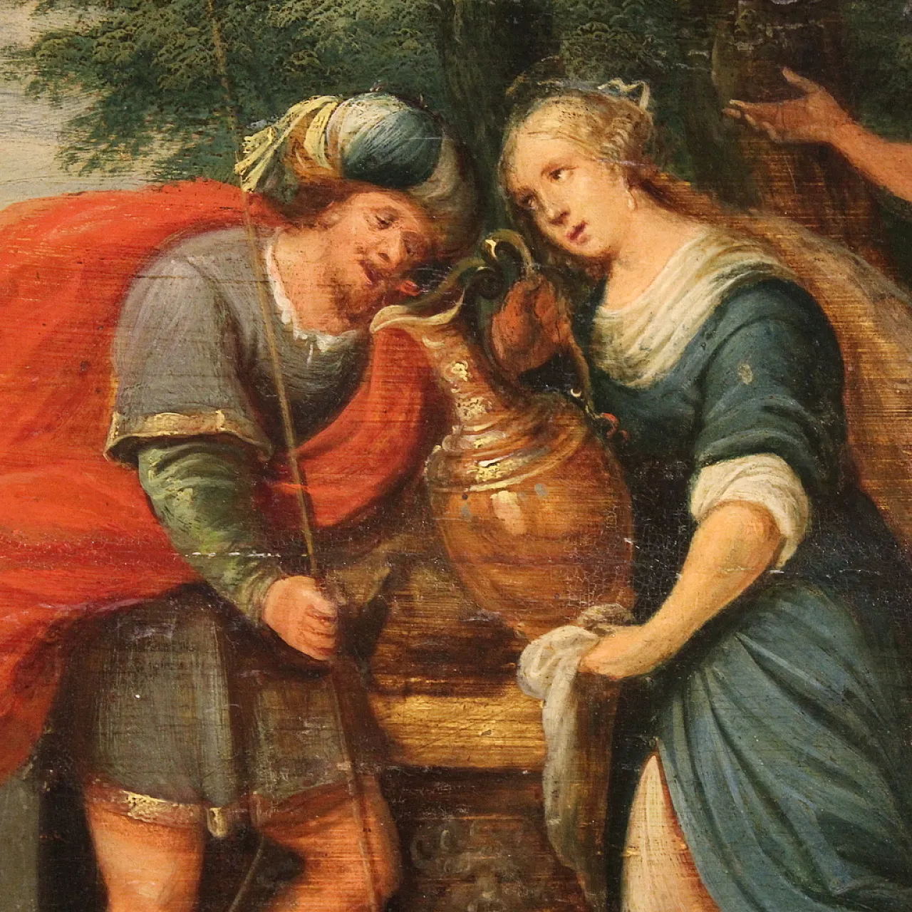 Flemish painting on wood, Rebecca at the well, 17th century 4
