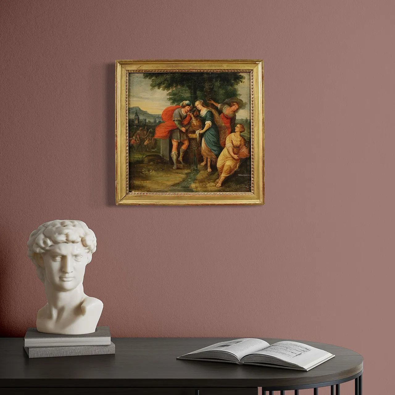 Flemish painting on wood, Rebecca at the well, 17th century 5