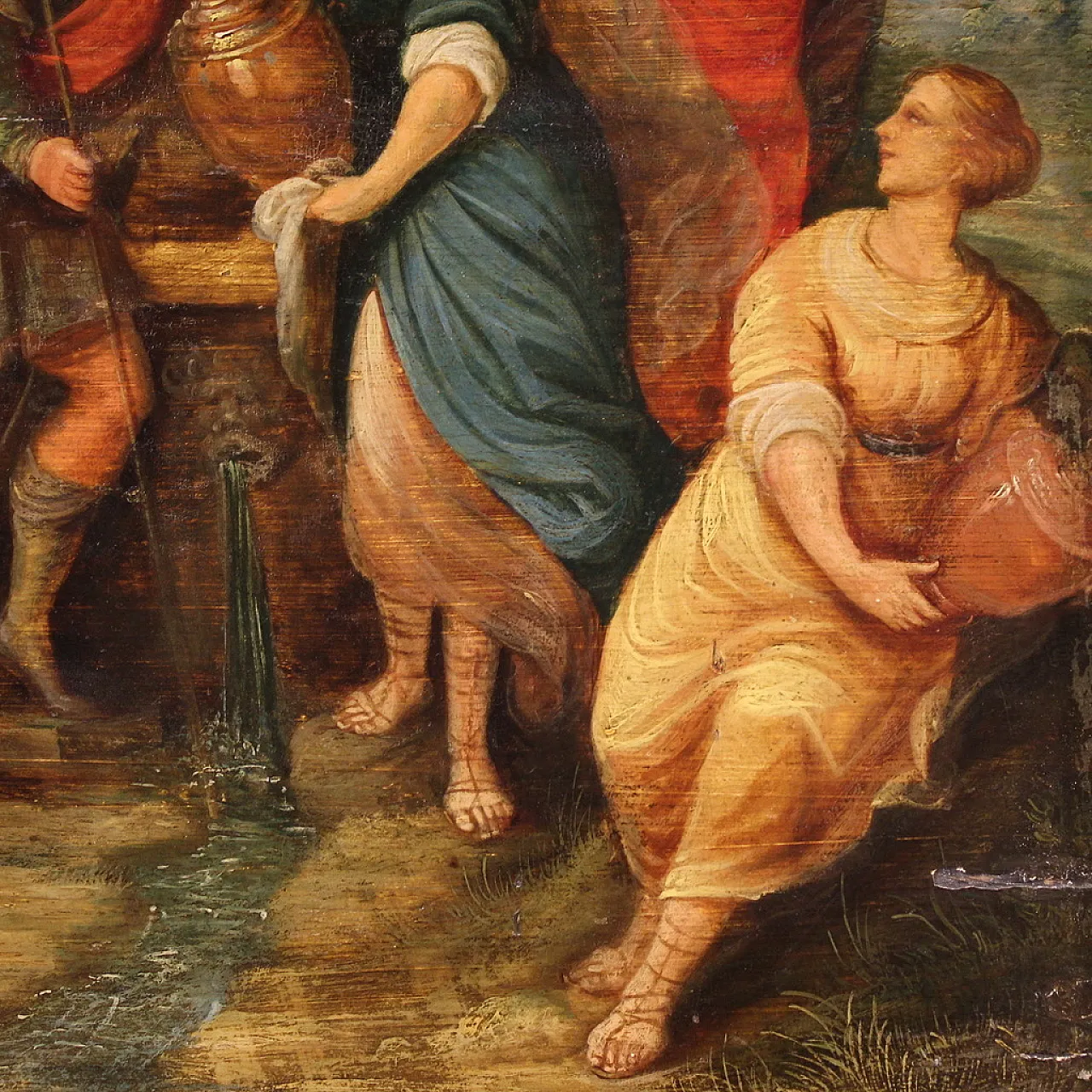 Flemish painting on wood, Rebecca at the well, 17th century 6