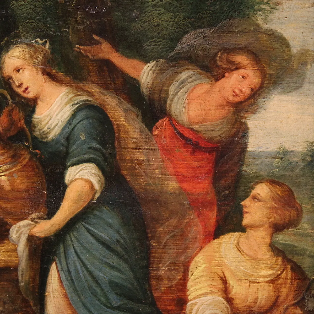 Flemish painting on wood, Rebecca at the well, 17th century 7