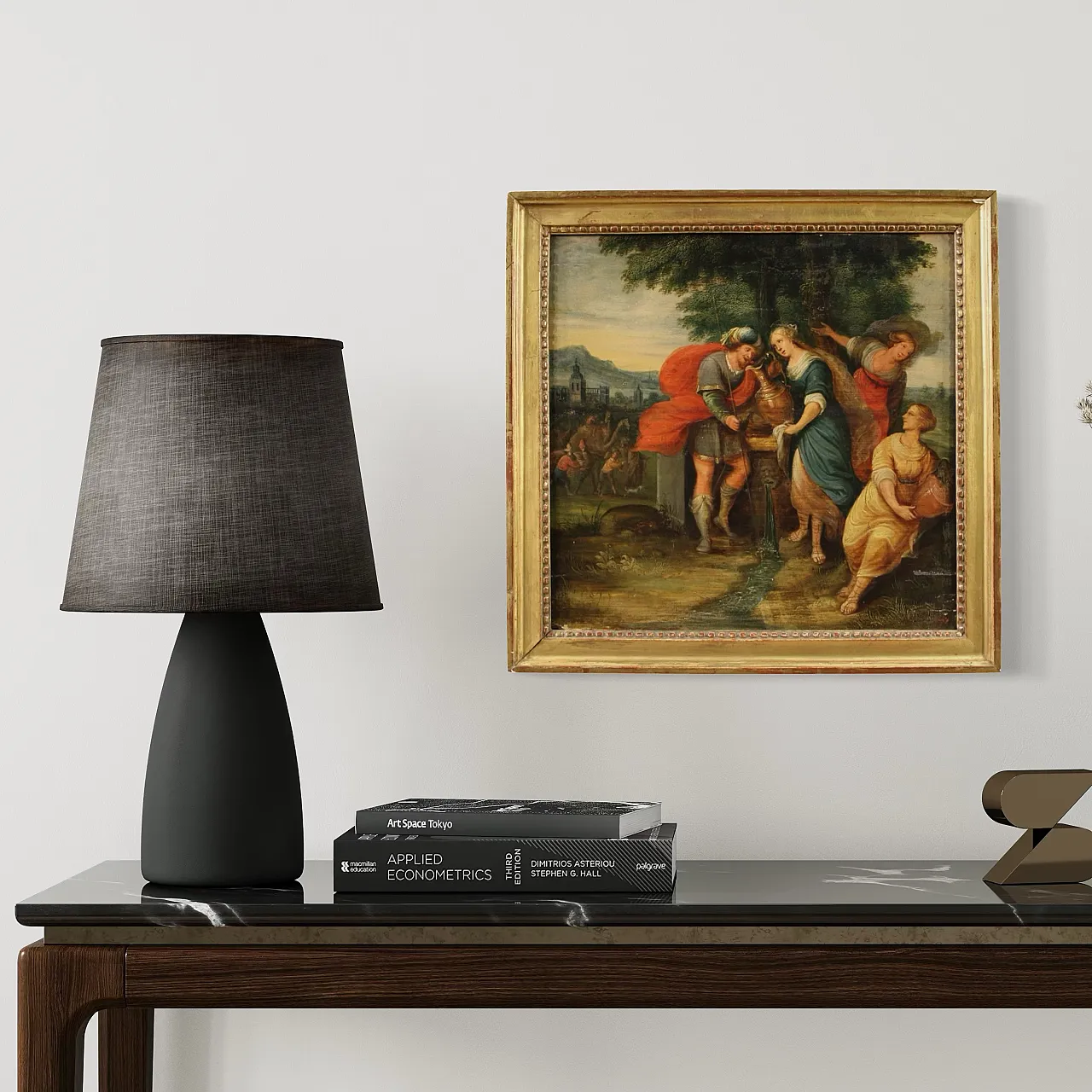 Flemish painting on wood, Rebecca at the well, 17th century 8