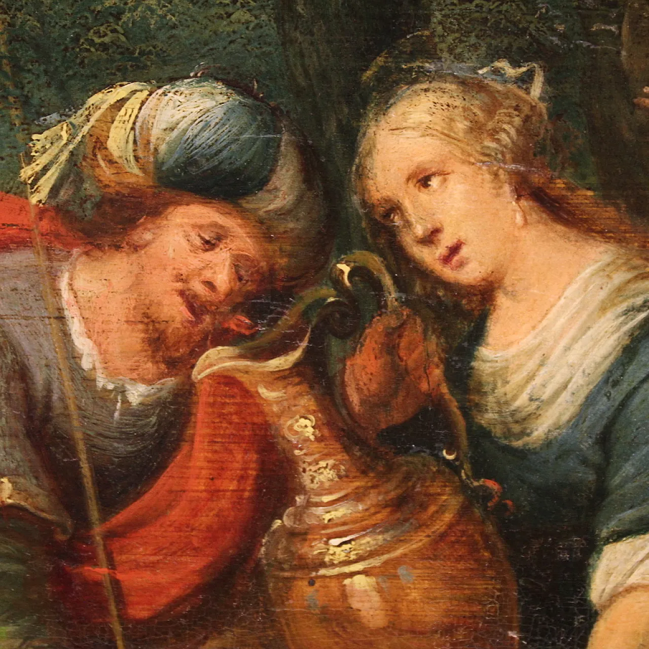 Flemish painting on wood, Rebecca at the well, 17th century 12