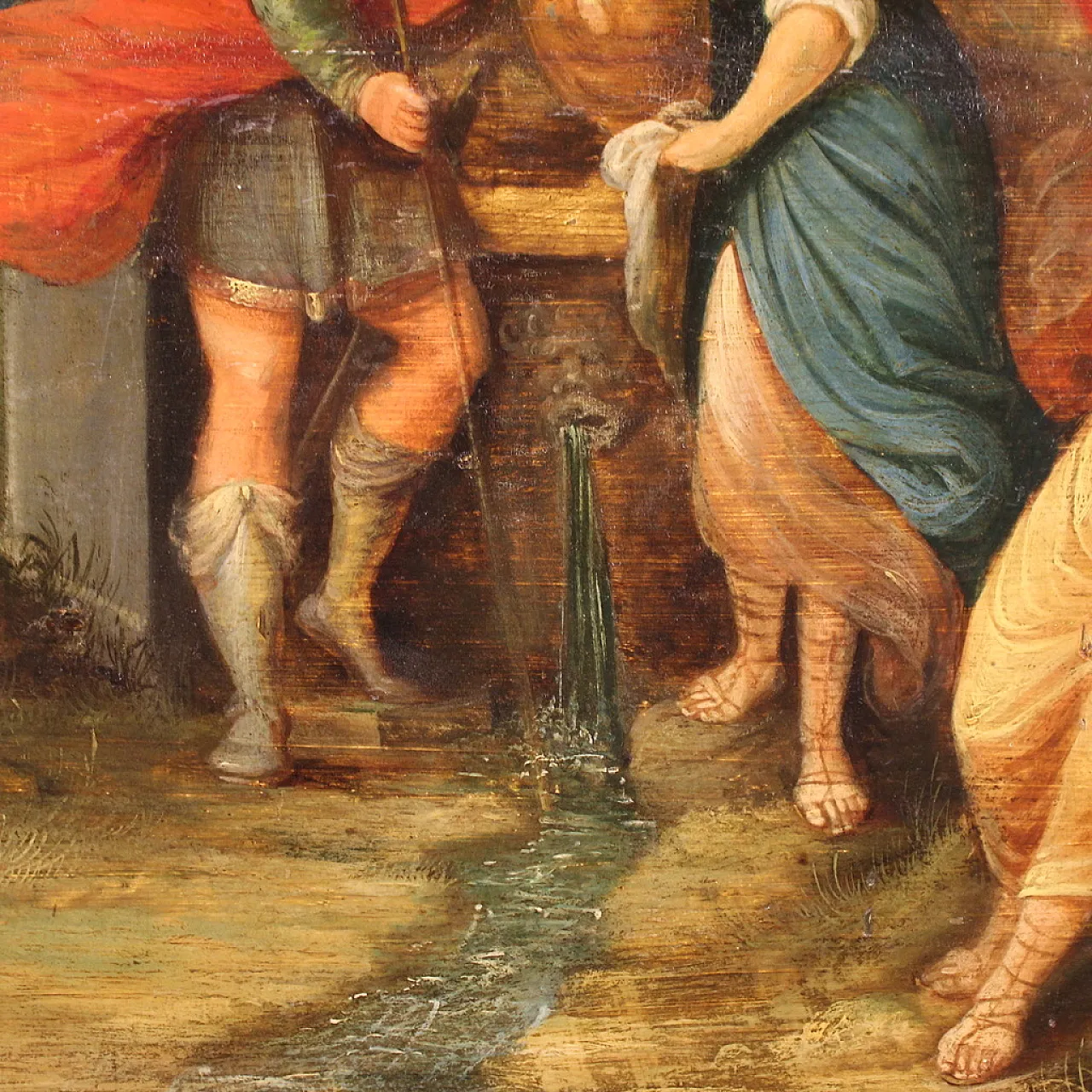 Flemish painting on wood, Rebecca at the well, 17th century 15