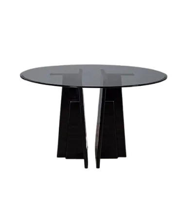 Round table in black wood and glass, 1980s