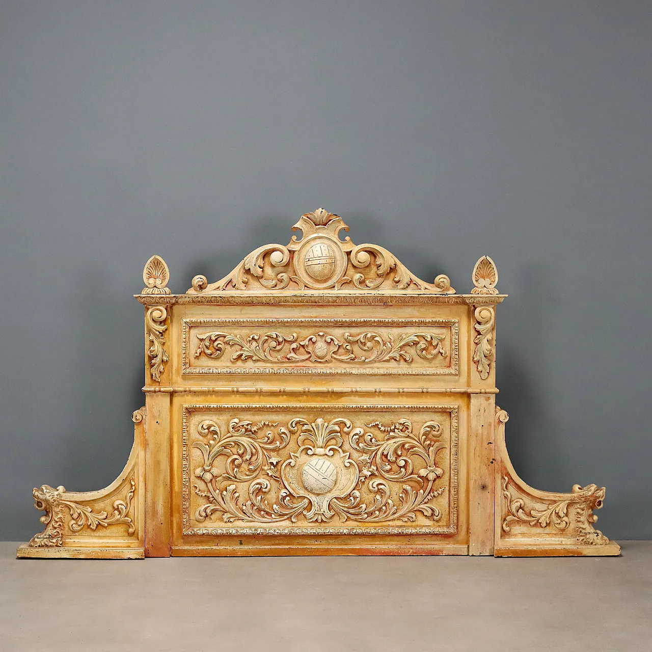 Headboard carved and lacquered from a wardrobe top, late 19th century 1