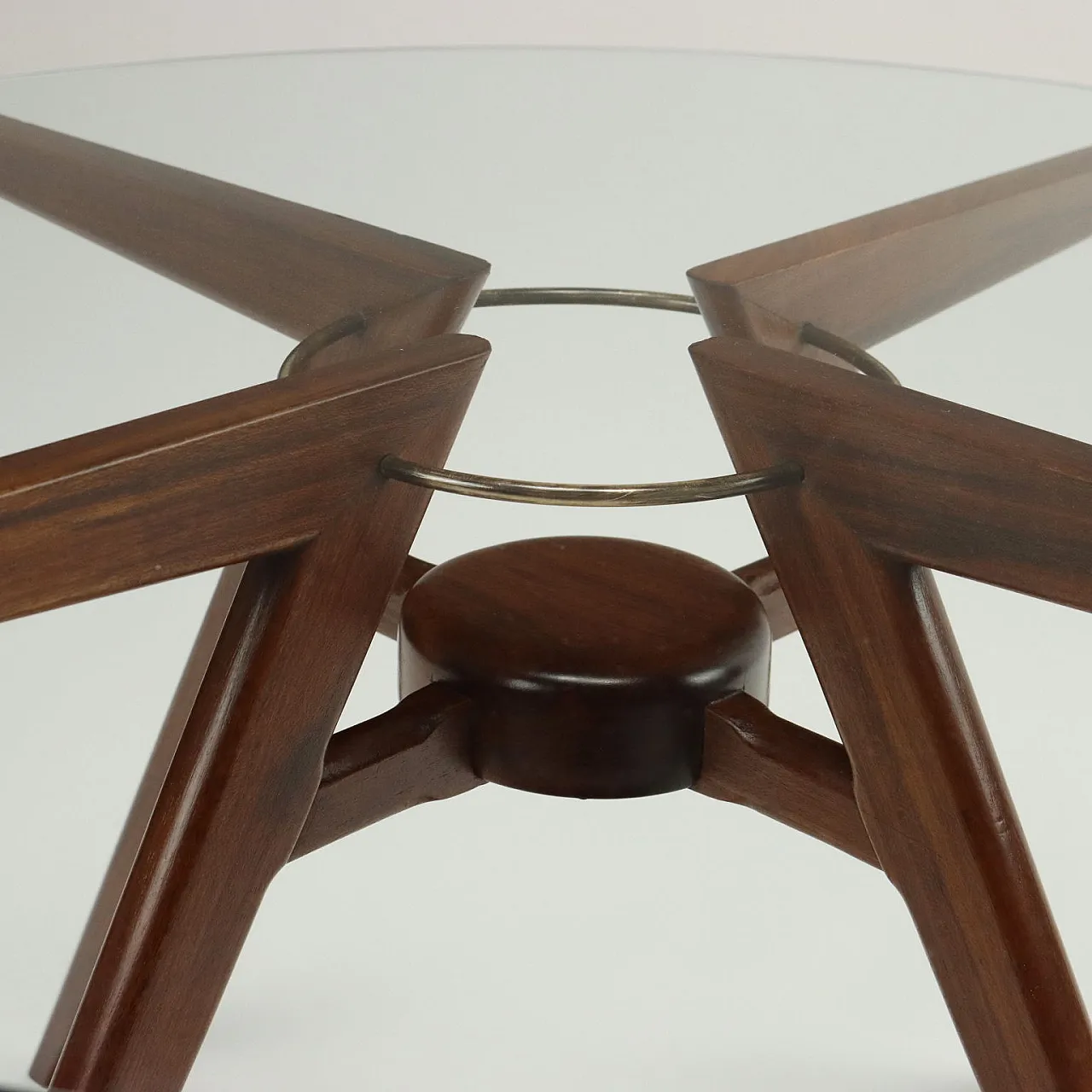 Argentinian stained beech, brass and glass coffee table, 1950s 5