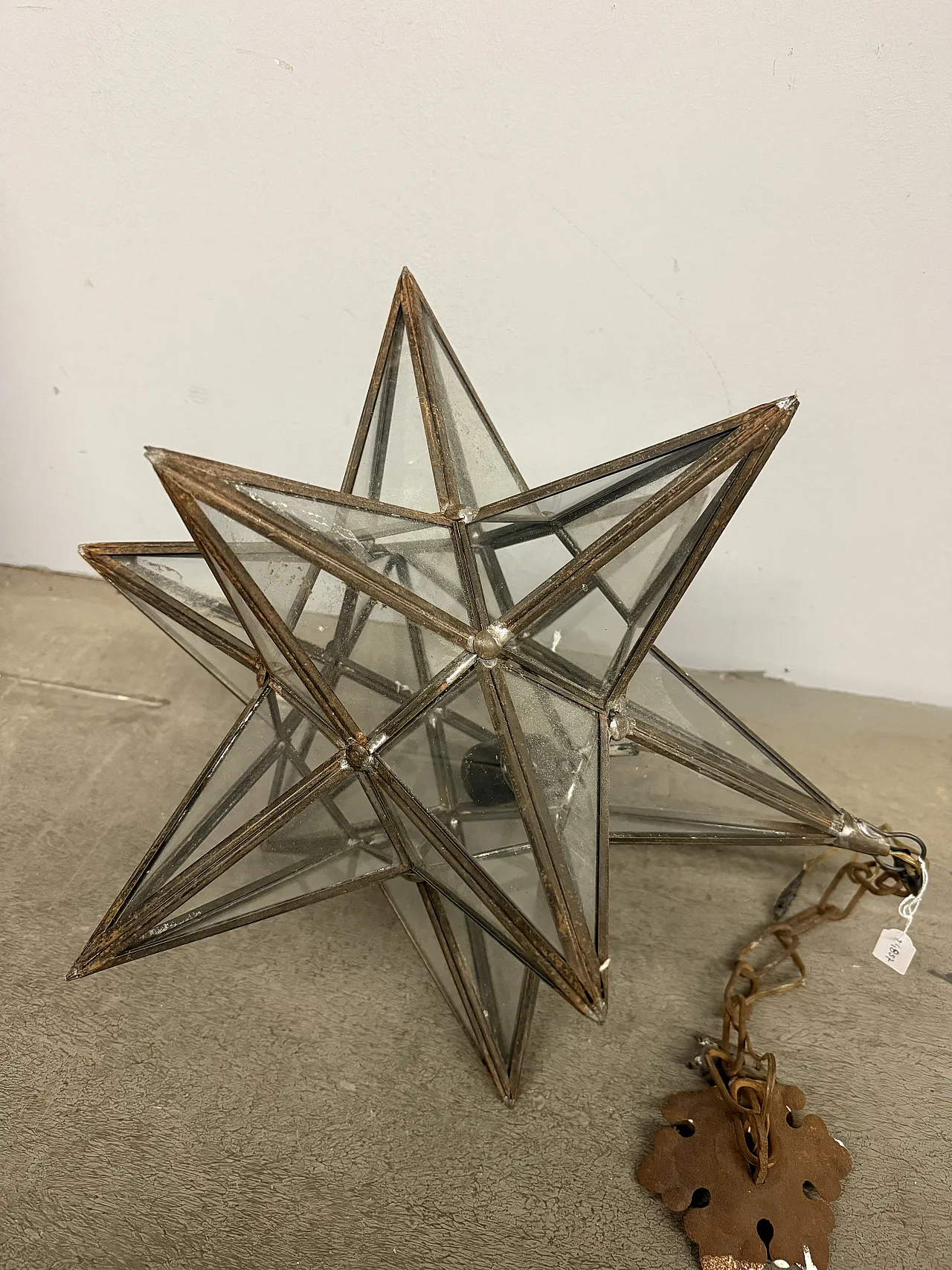 Lampada a stella in ferro battuto e vetri, '800 1