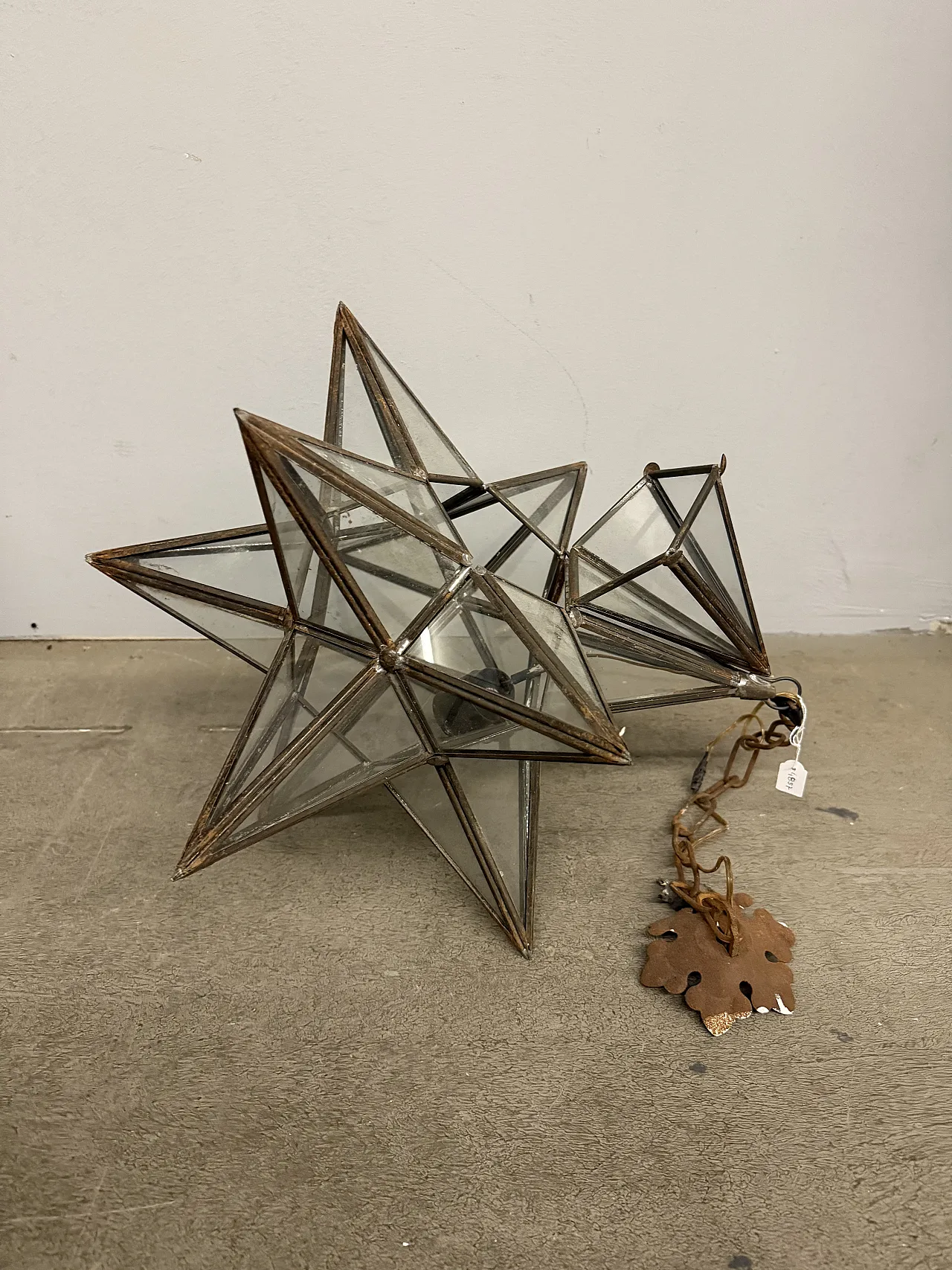 Lampada a stella in ferro battuto e vetri, '800 2