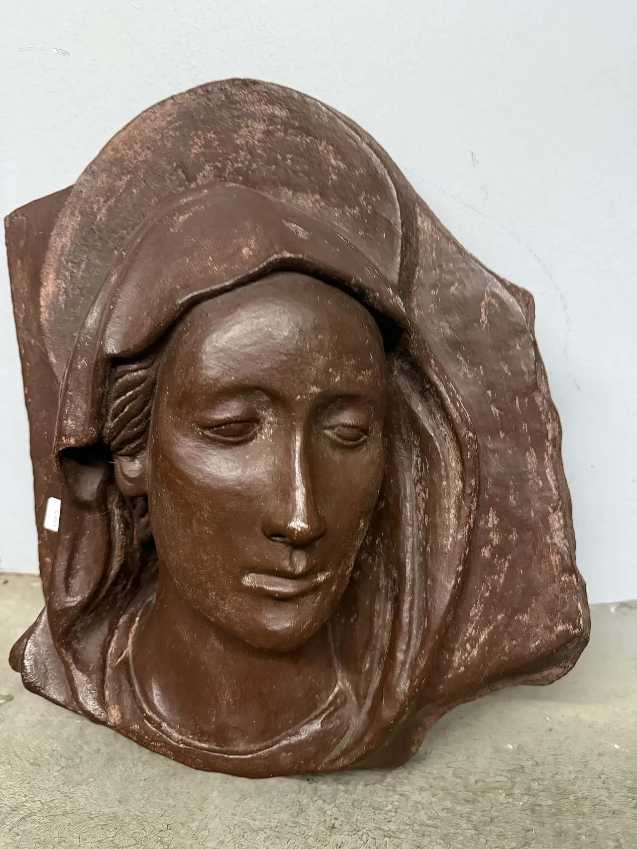 Burnished terracotta sculpture, Virgin face, 20th century 1