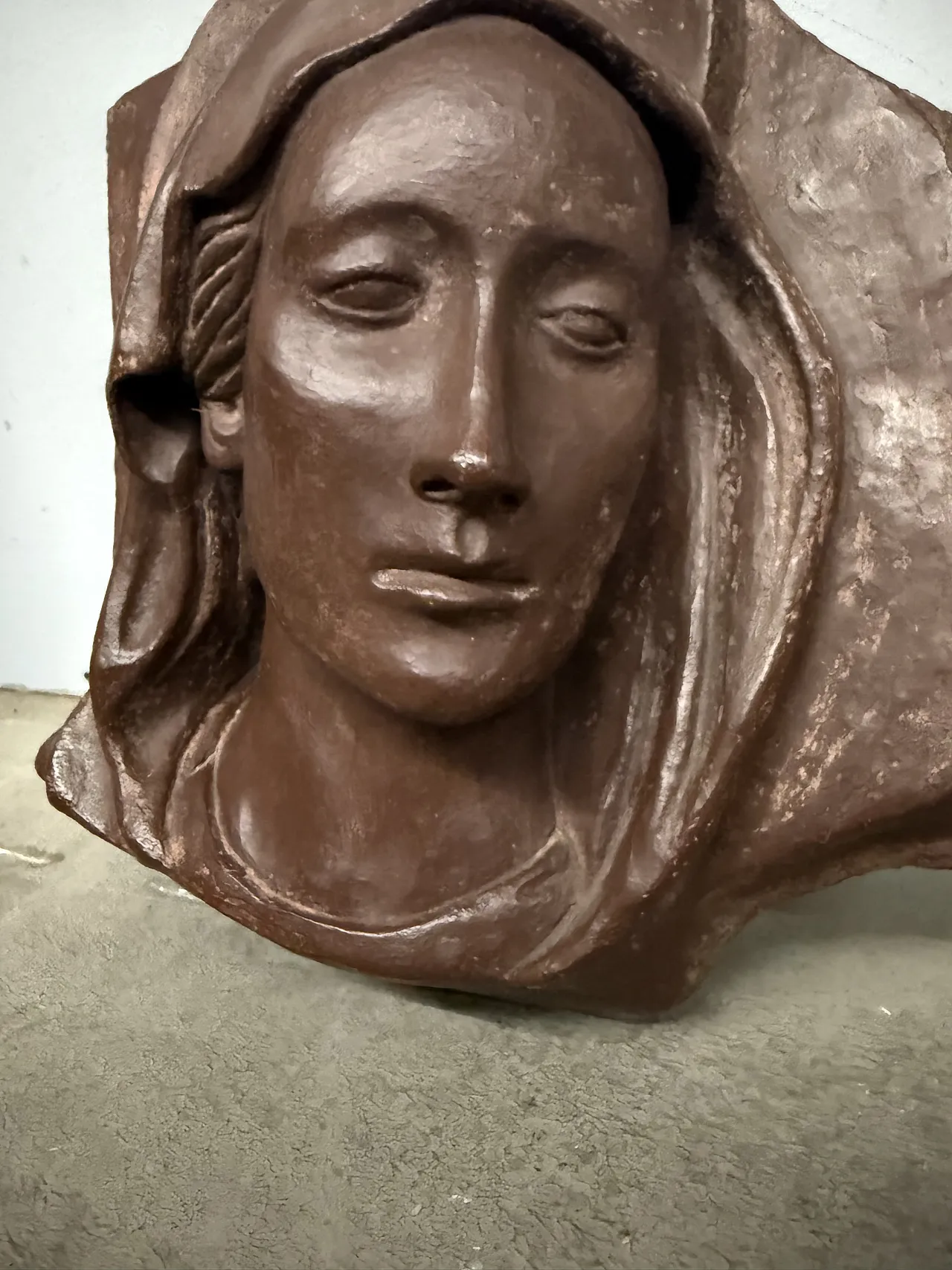 Burnished terracotta sculpture, Virgin face, 20th century 3