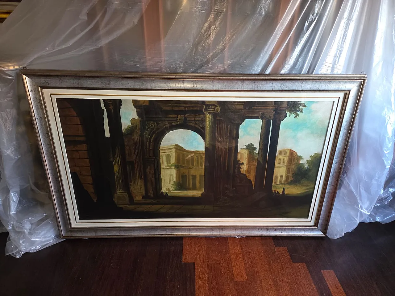 Dipinto olio su tela Paesaggio con archi di Celiberti, anni '70 11