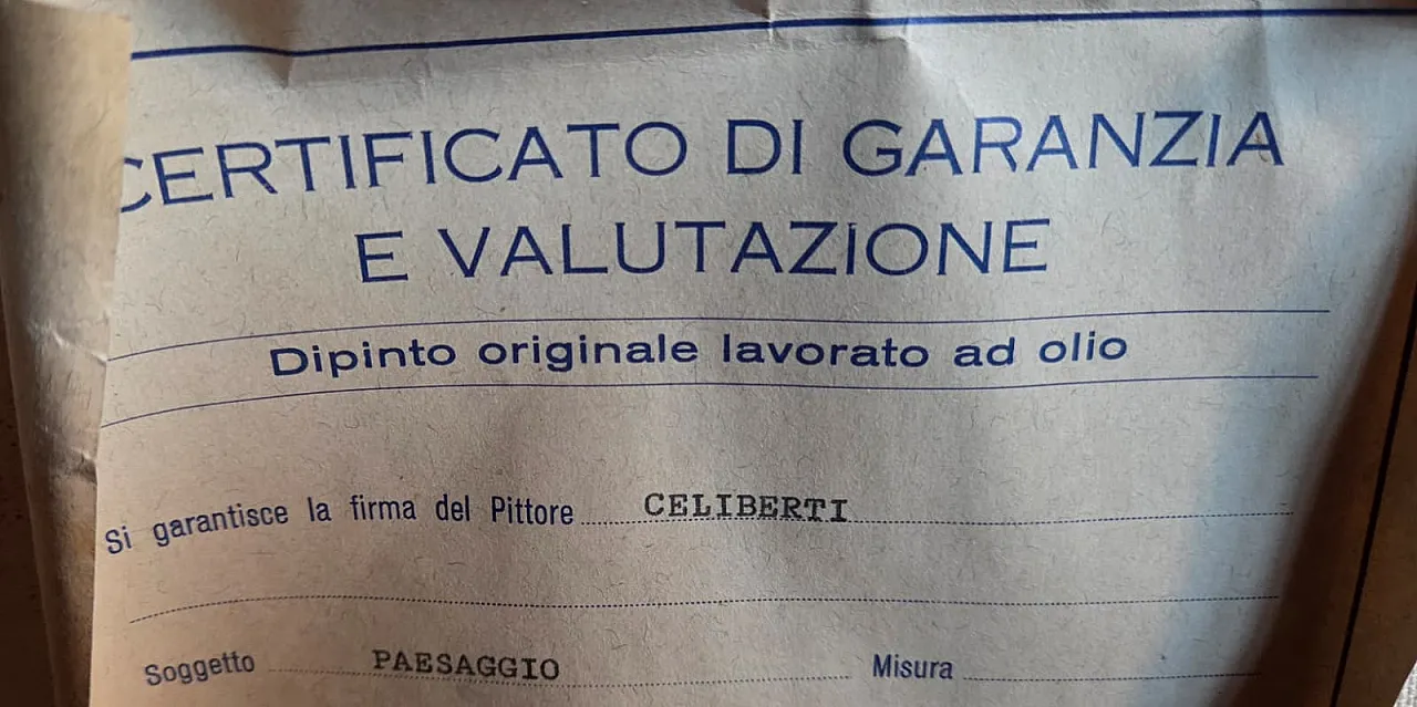 Dipinto olio su tela Paesaggio con archi di Celiberti, anni '70 15
