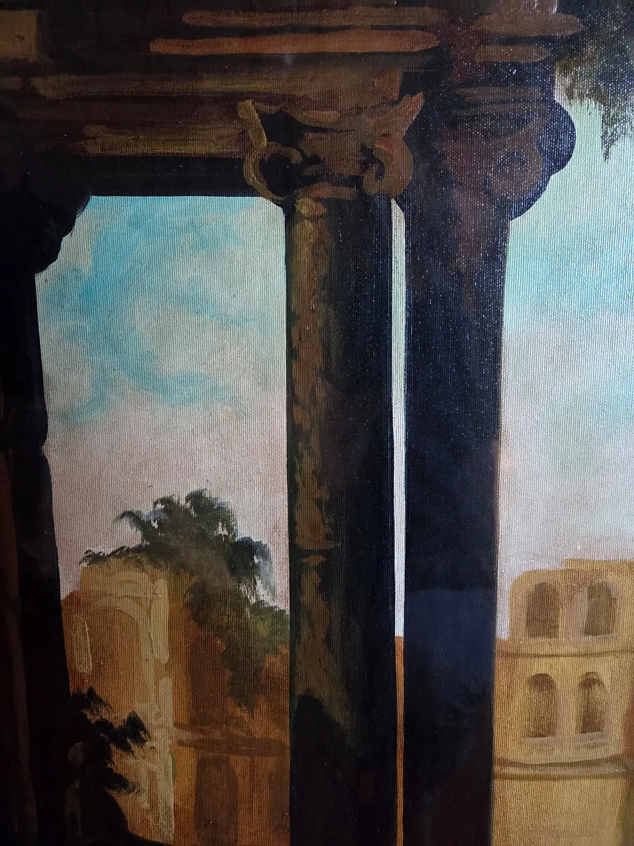 Dipinto olio su tela Paesaggio con archi di Celiberti, anni '70 18