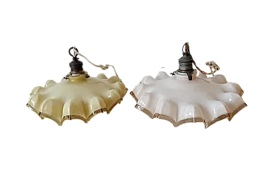 Pair of opaline glass chandeliers, one yellow and one pink, 1940s