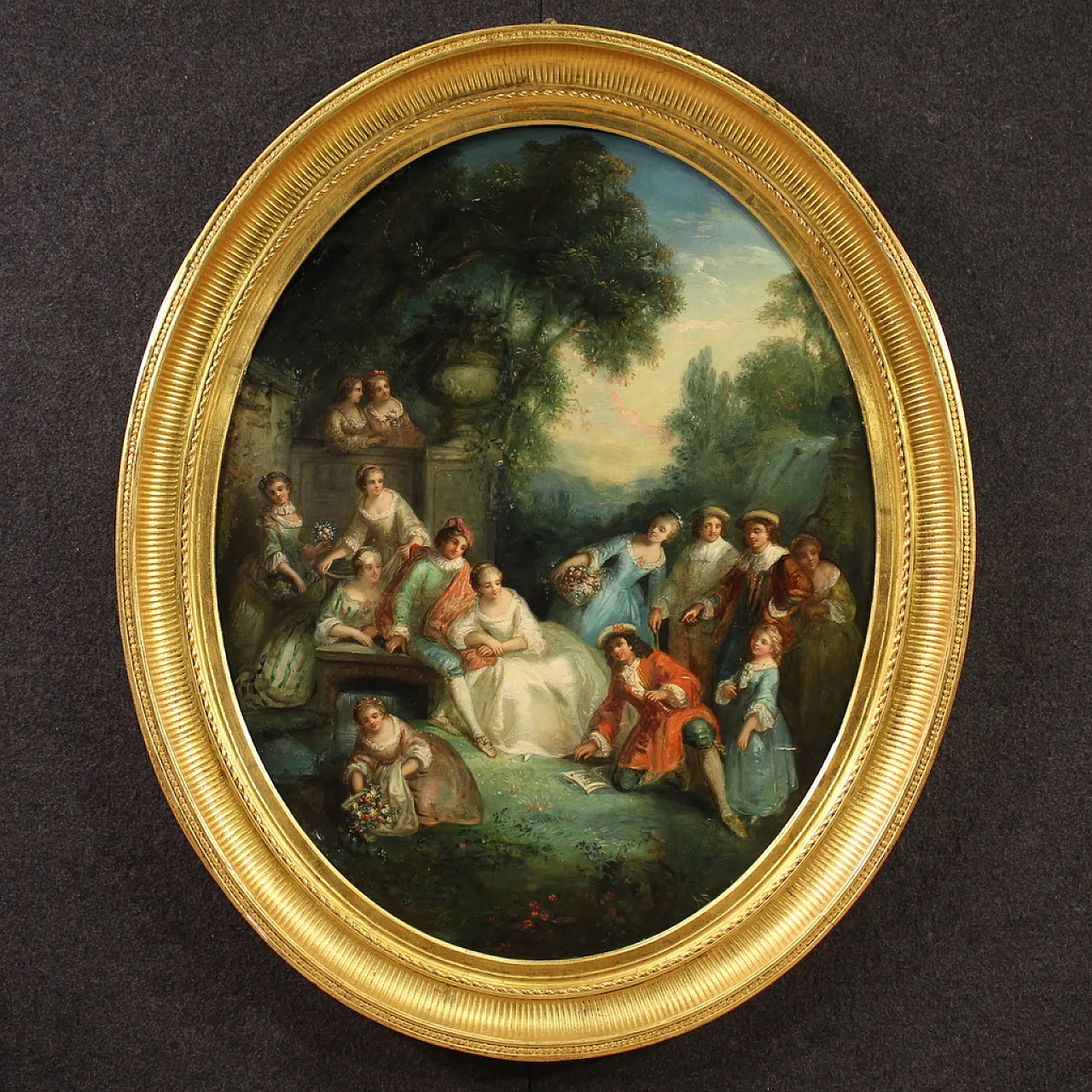 Rococo oval painting, gallant party, 18th century 1