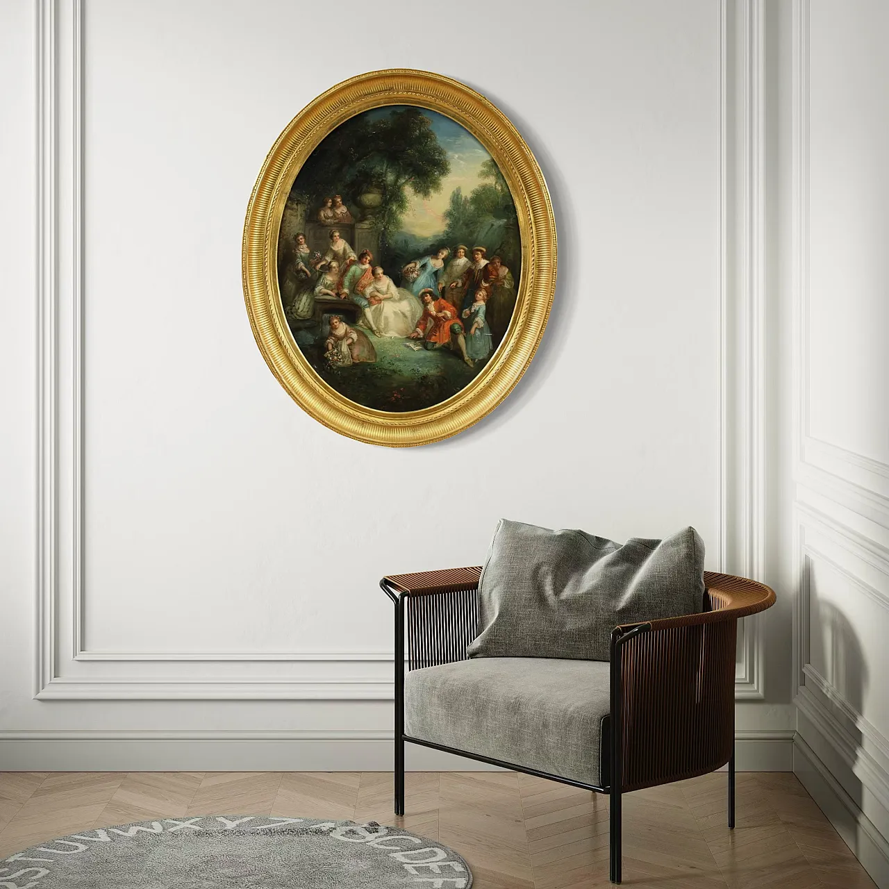 Rococo oval painting, gallant party, 18th century 8