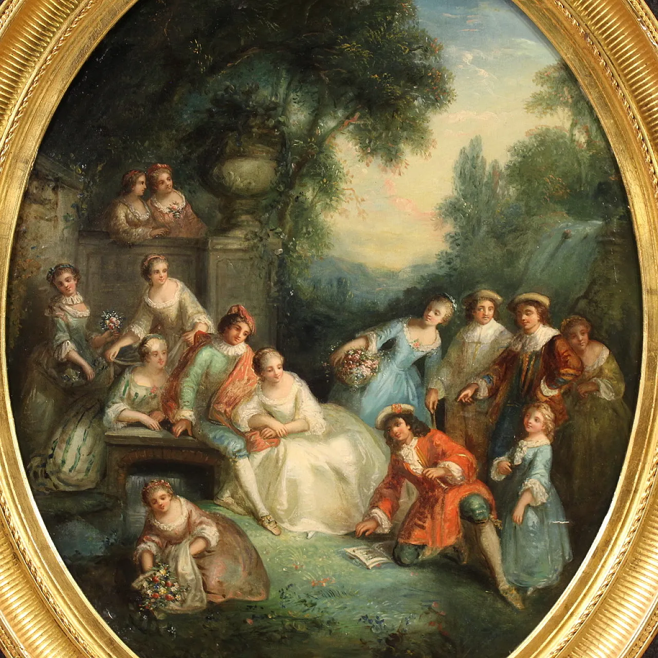 Rococo oval painting, gallant party, 18th century 16