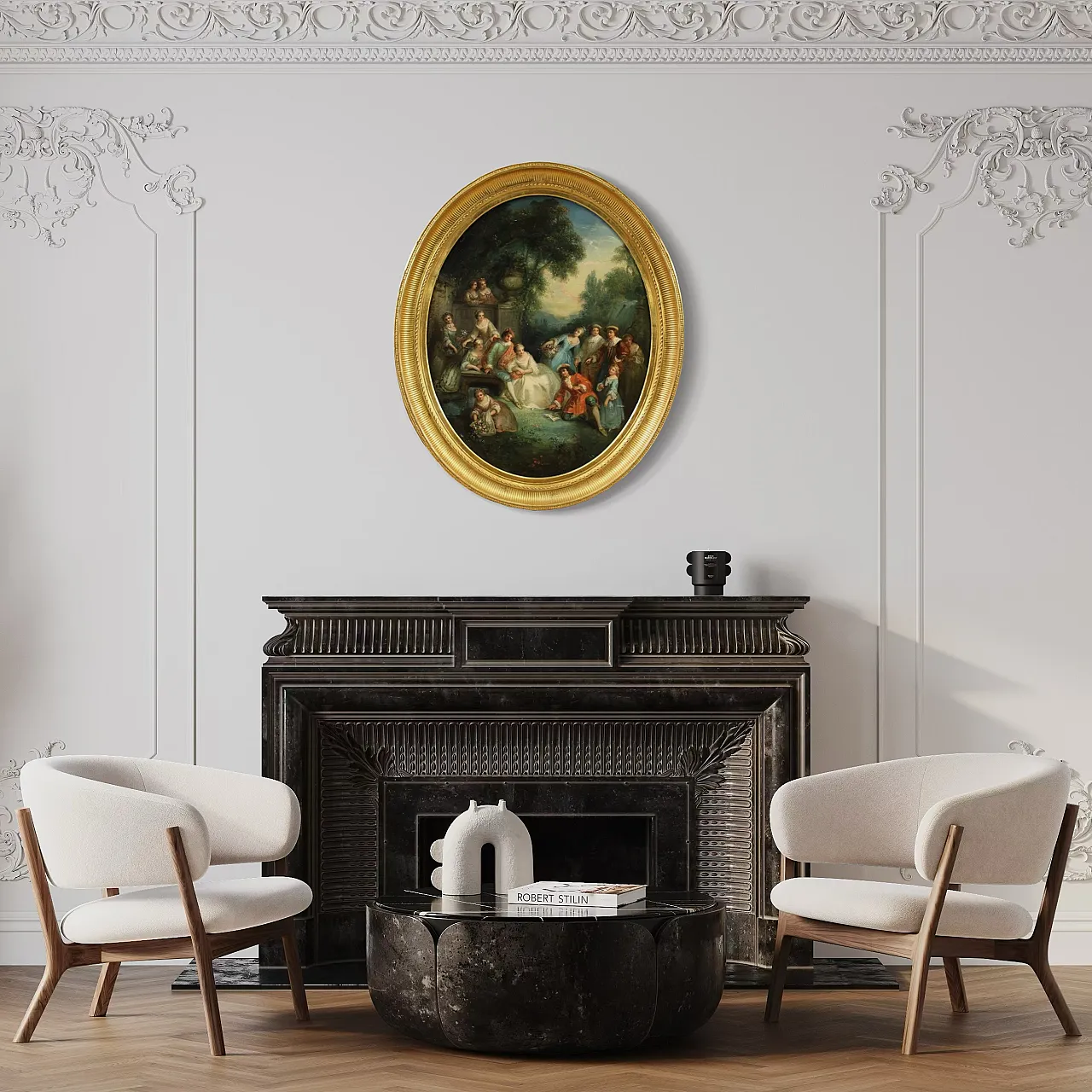 Rococo oval painting, gallant party, 18th century 20