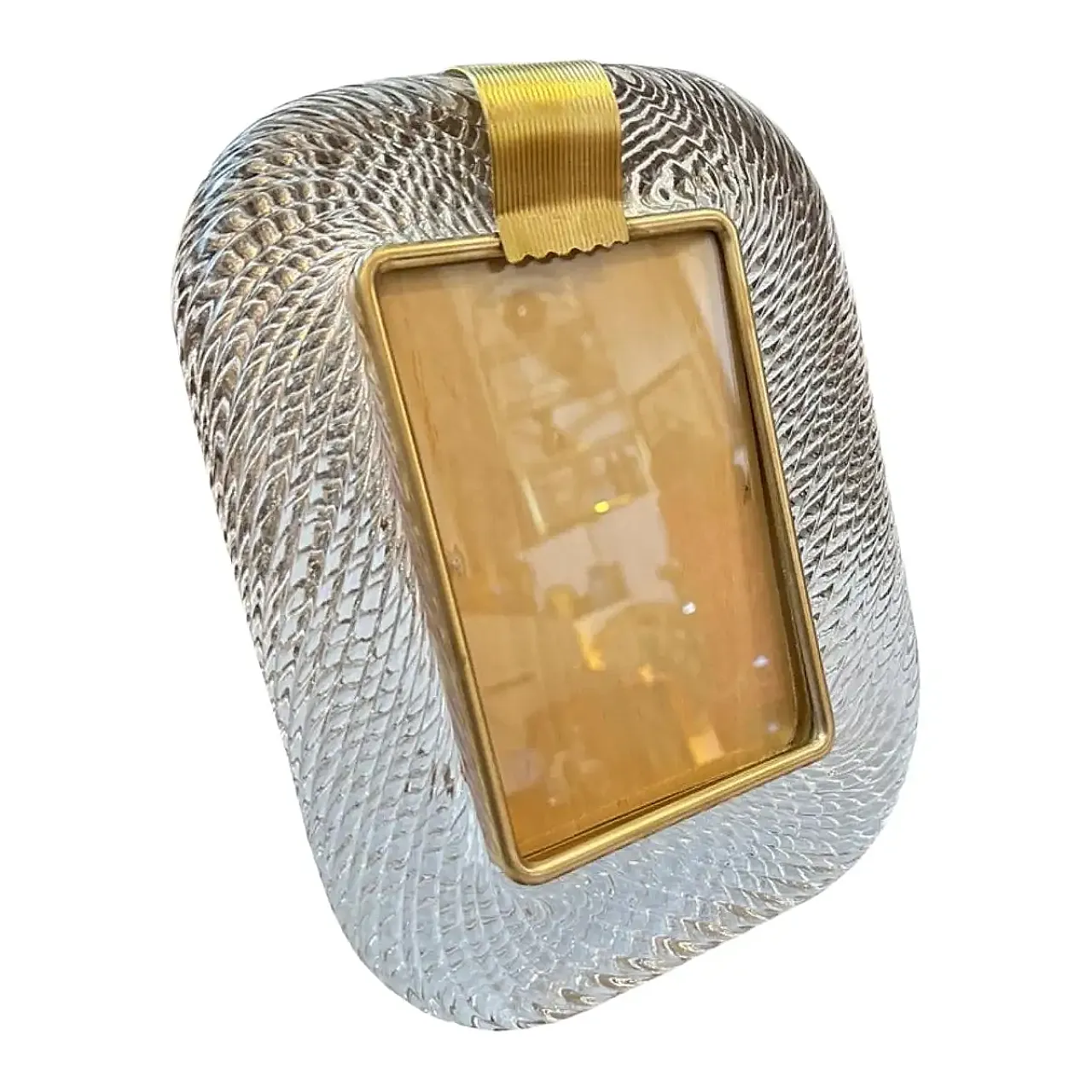 1980s Barovier Style Art Deco Murano Glass and Brass Rectangular Picture Frame 1