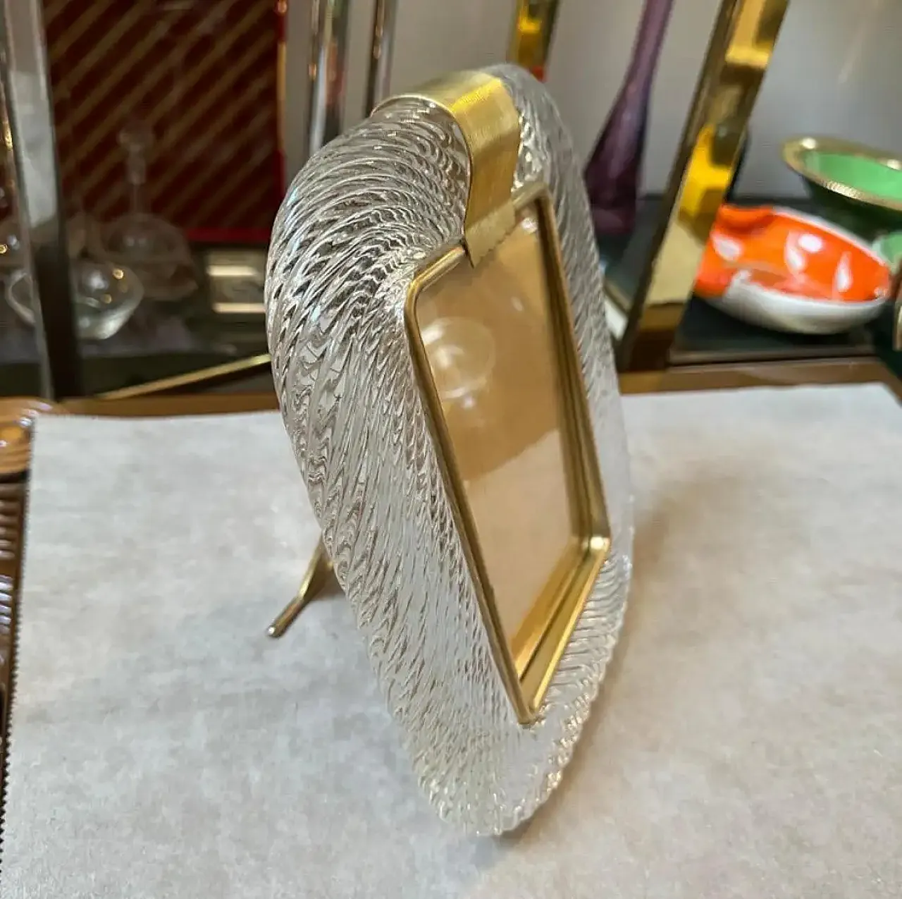 1980s Barovier Style Art Deco Murano Glass and Brass Rectangular Picture Frame 8