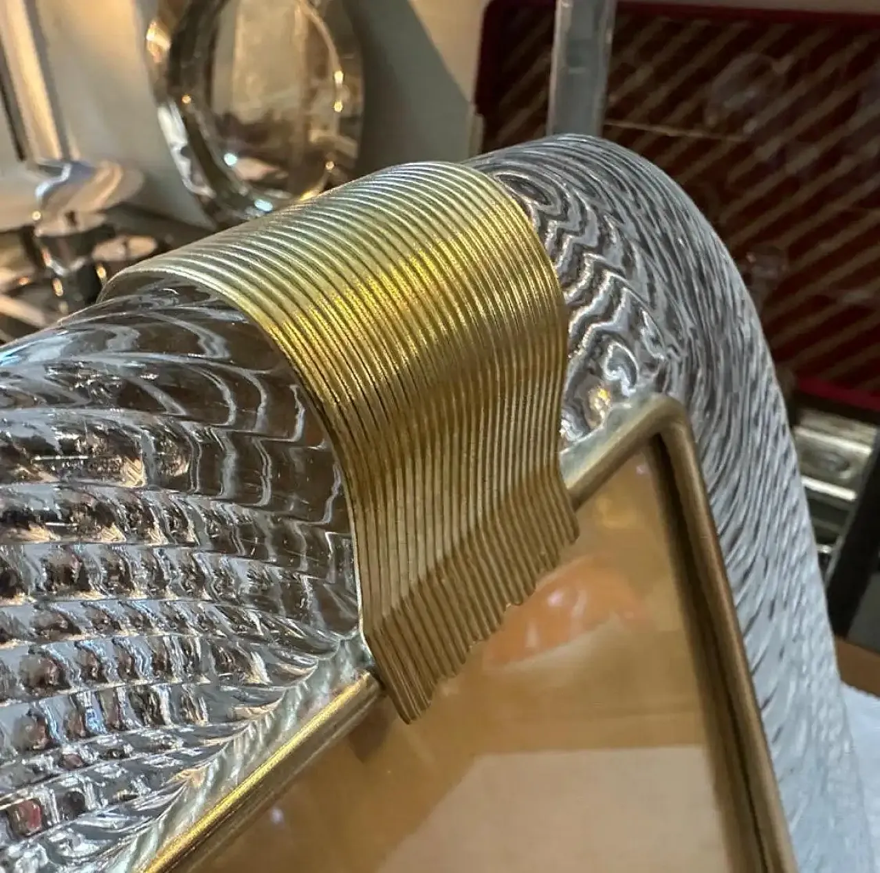 1980s Barovier Style Art Deco Murano Glass and Brass Rectangular Picture Frame 9