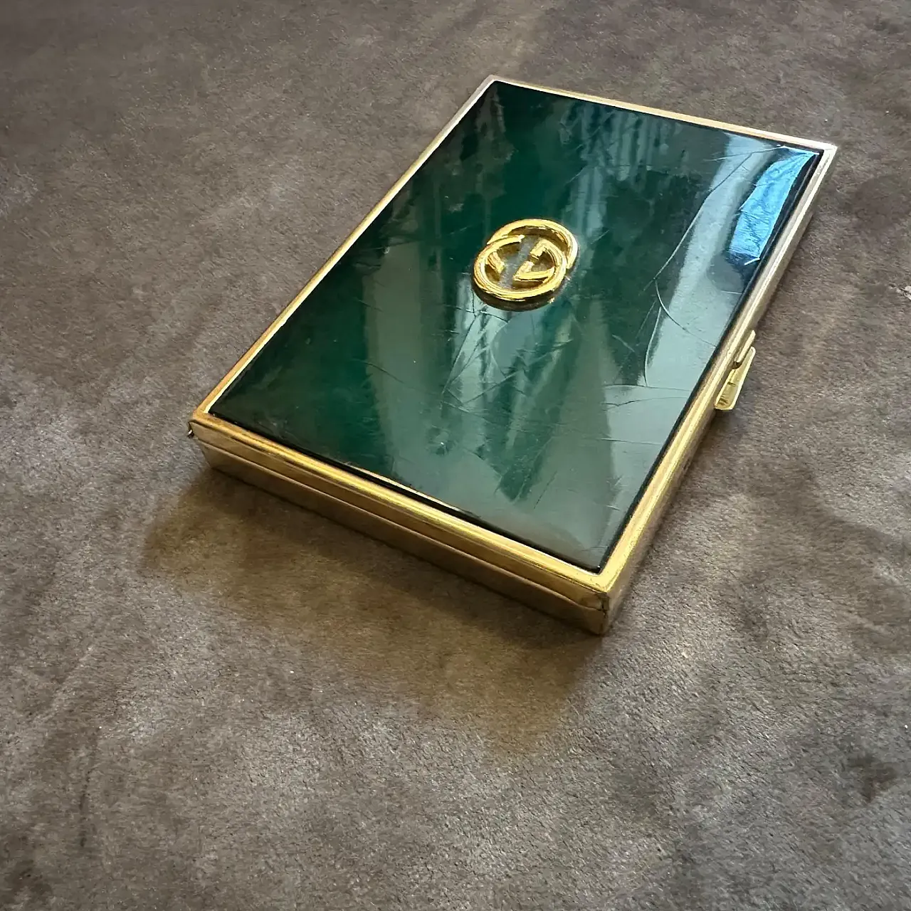 Brass and green enamel cigarette box by Gucci, 1980s 3