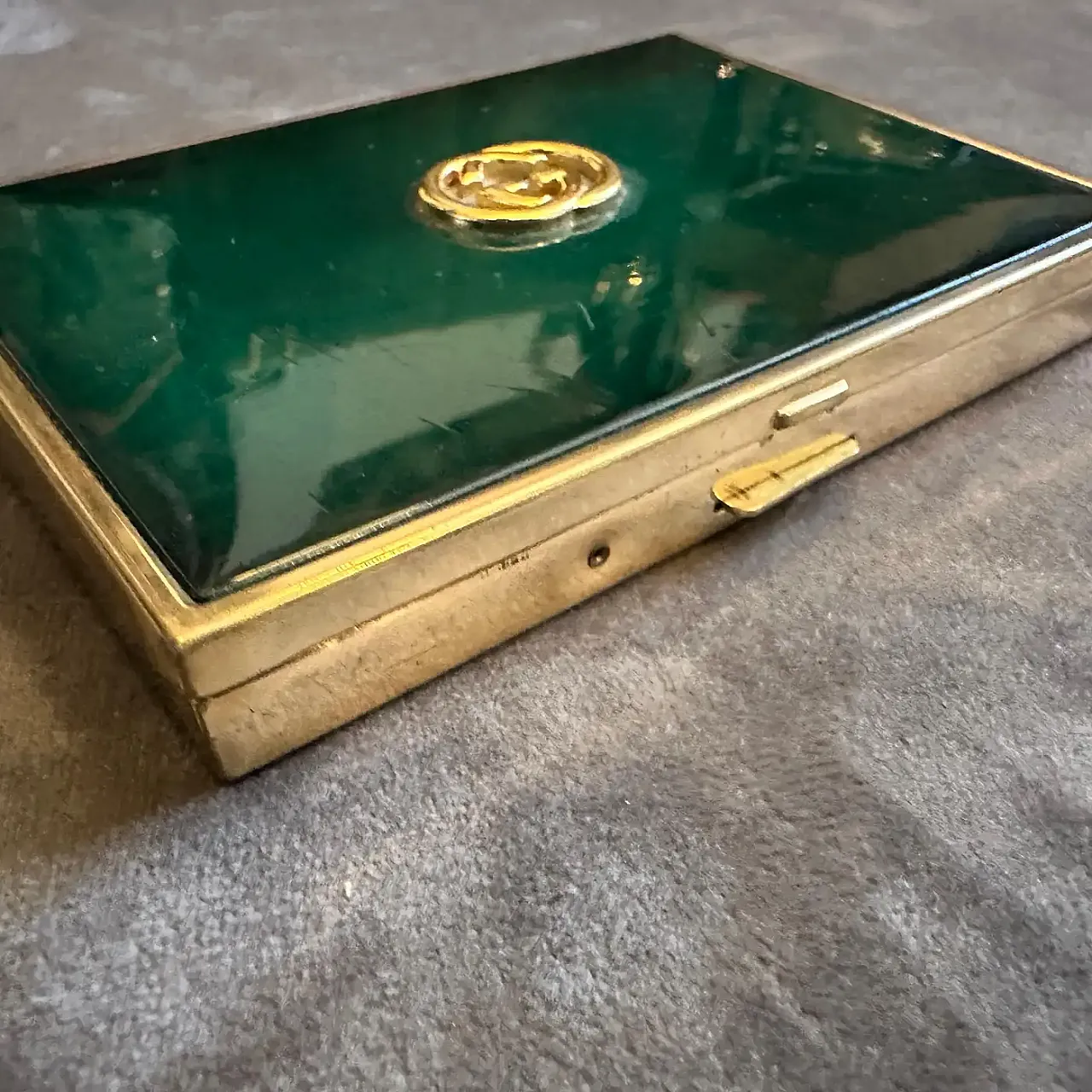 Brass and green enamel cigarette box by Gucci, 1980s 4