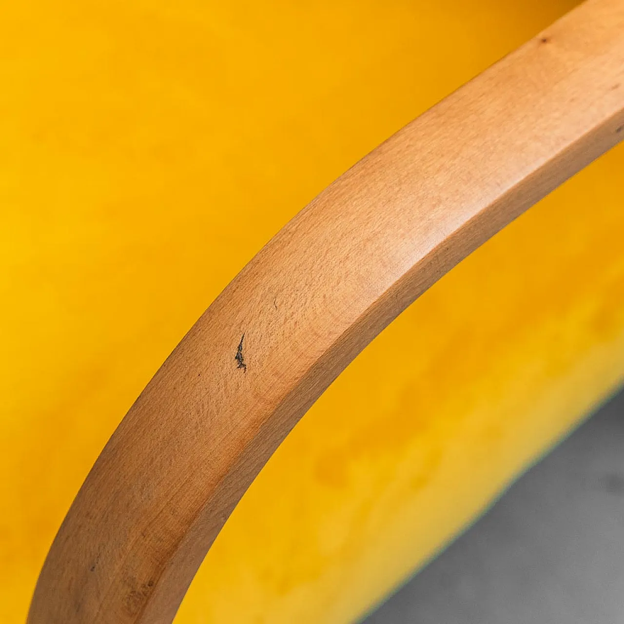 Pair of armchairs in yellow velvet and wood, 1950s 4
