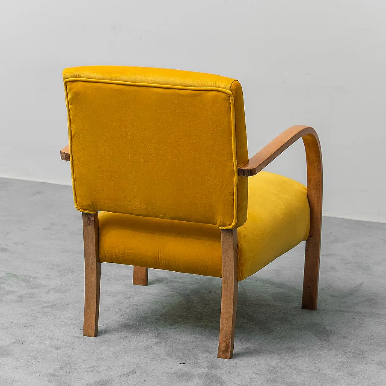 Pair of armchairs in yellow velvet and wood, 1950s 11