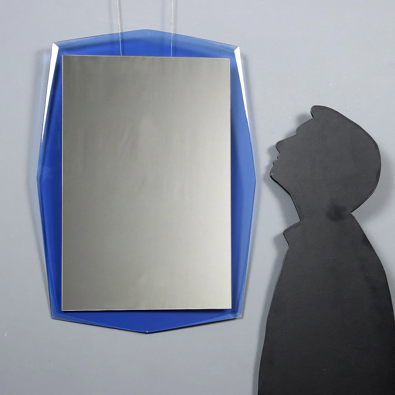 Specchio rettangolare con cornice in vetro blu, '900 2