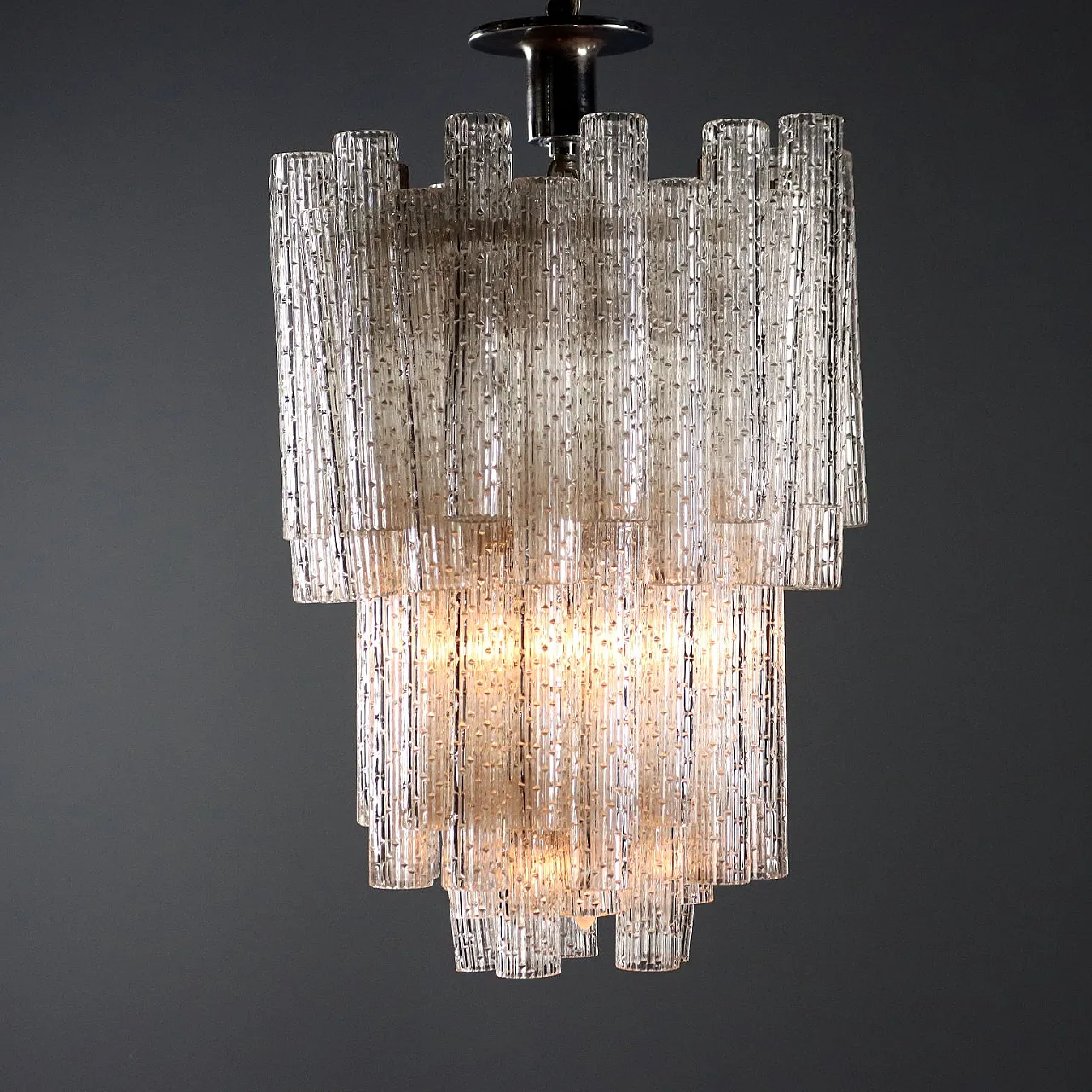 Metal lamp and cylindrical diffusers in worked glass, 20th century 1