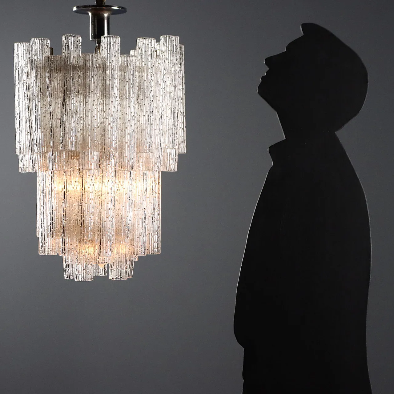 Metal lamp and cylindrical diffusers in worked glass, 20th century 2