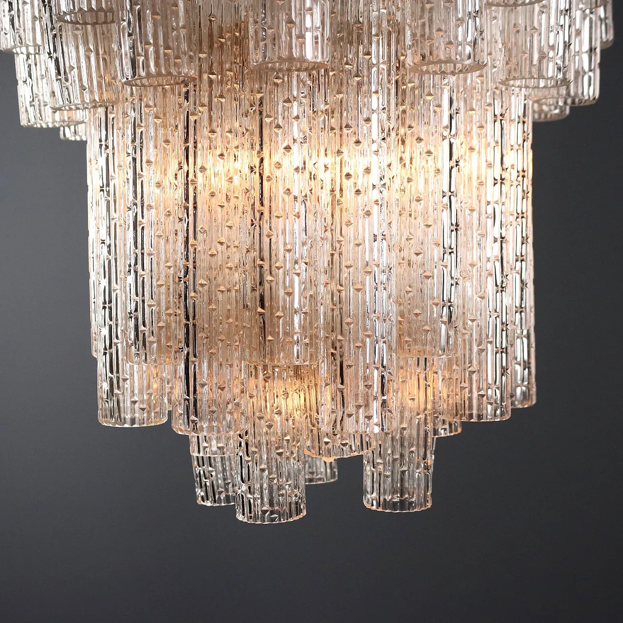 Metal lamp and cylindrical diffusers in worked glass, 20th century 4