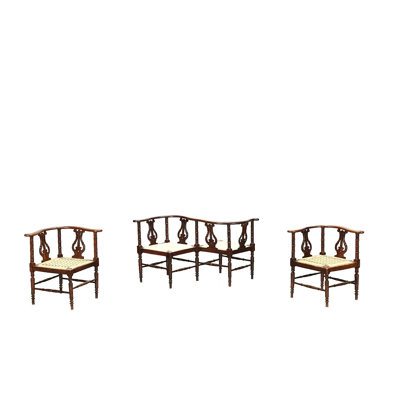 Coppia di poltrone e poltroncina da conversazione Liberty in noce, inizio '900 1