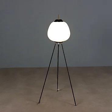 Black enameled metal and opaline glass floor lamp, 20th century