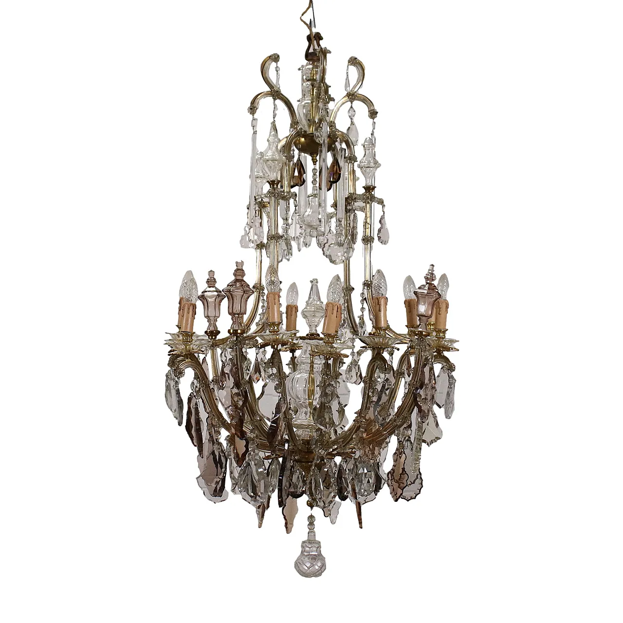 Lampadario francese in bronzo dorato e vetro molato, inizio '900 1