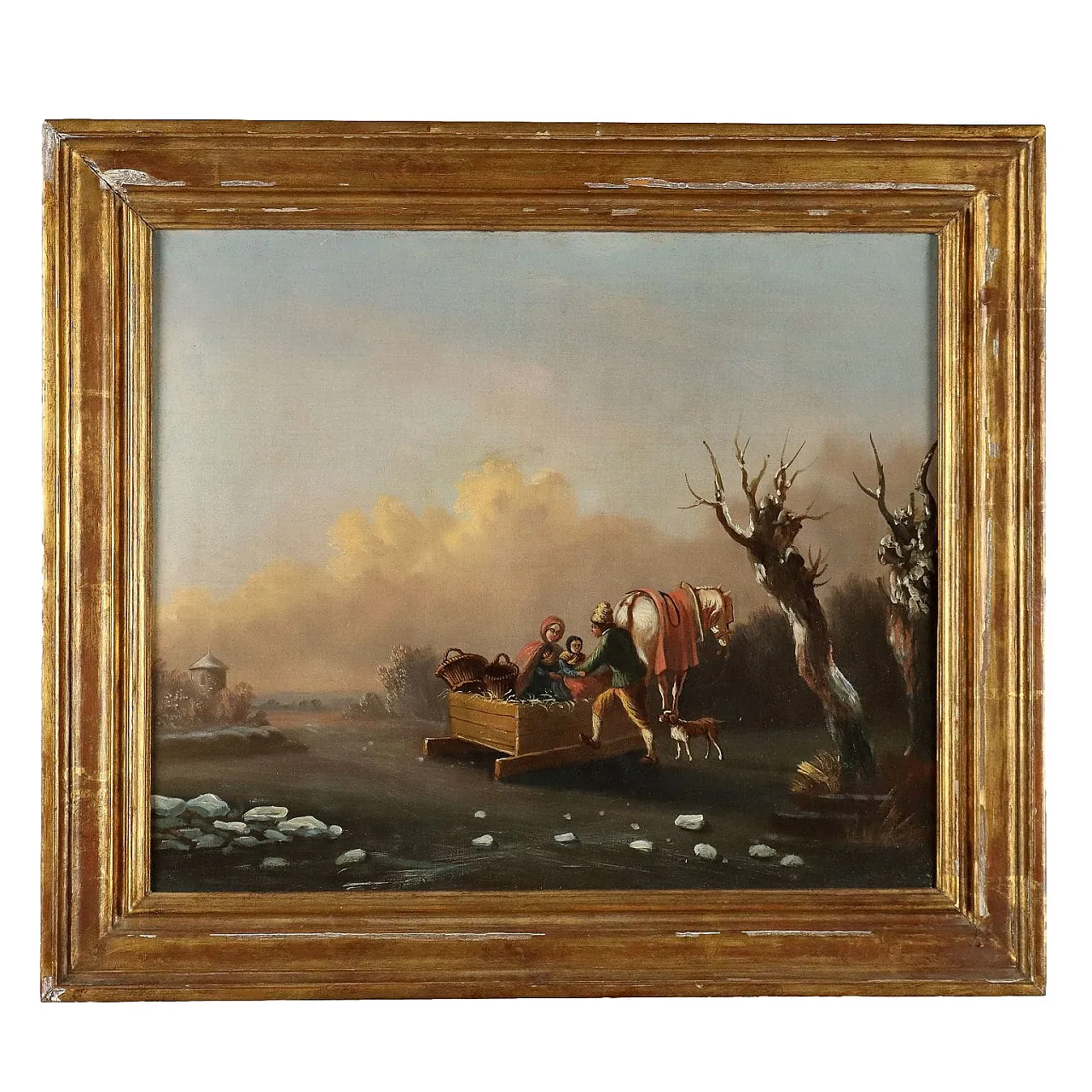Paesaggio invernale con figure, dipinto a olio su tela, inizio '800 1