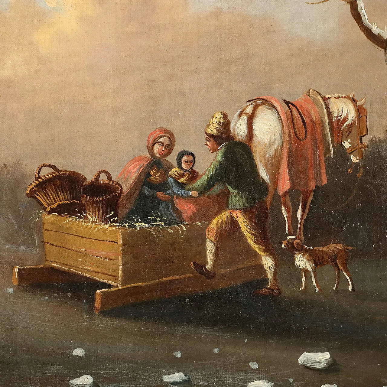 Paesaggio invernale con figure, dipinto a olio su tela, inizio '800 3