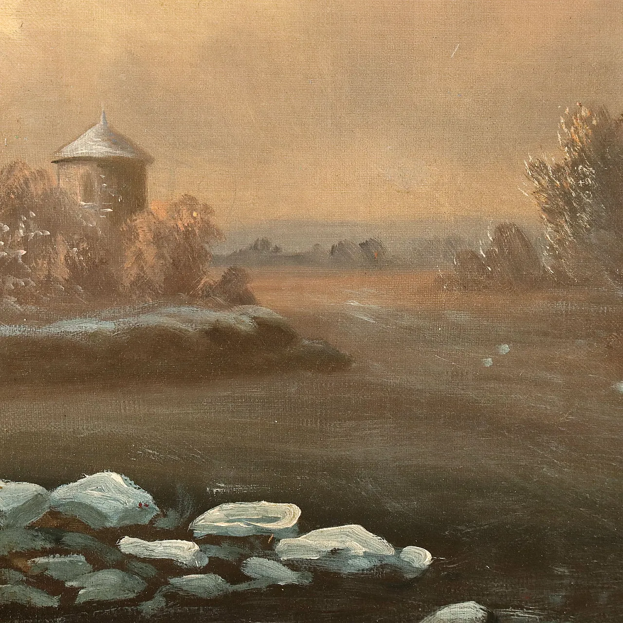 Paesaggio invernale con figure, dipinto a olio su tela, inizio '800 5