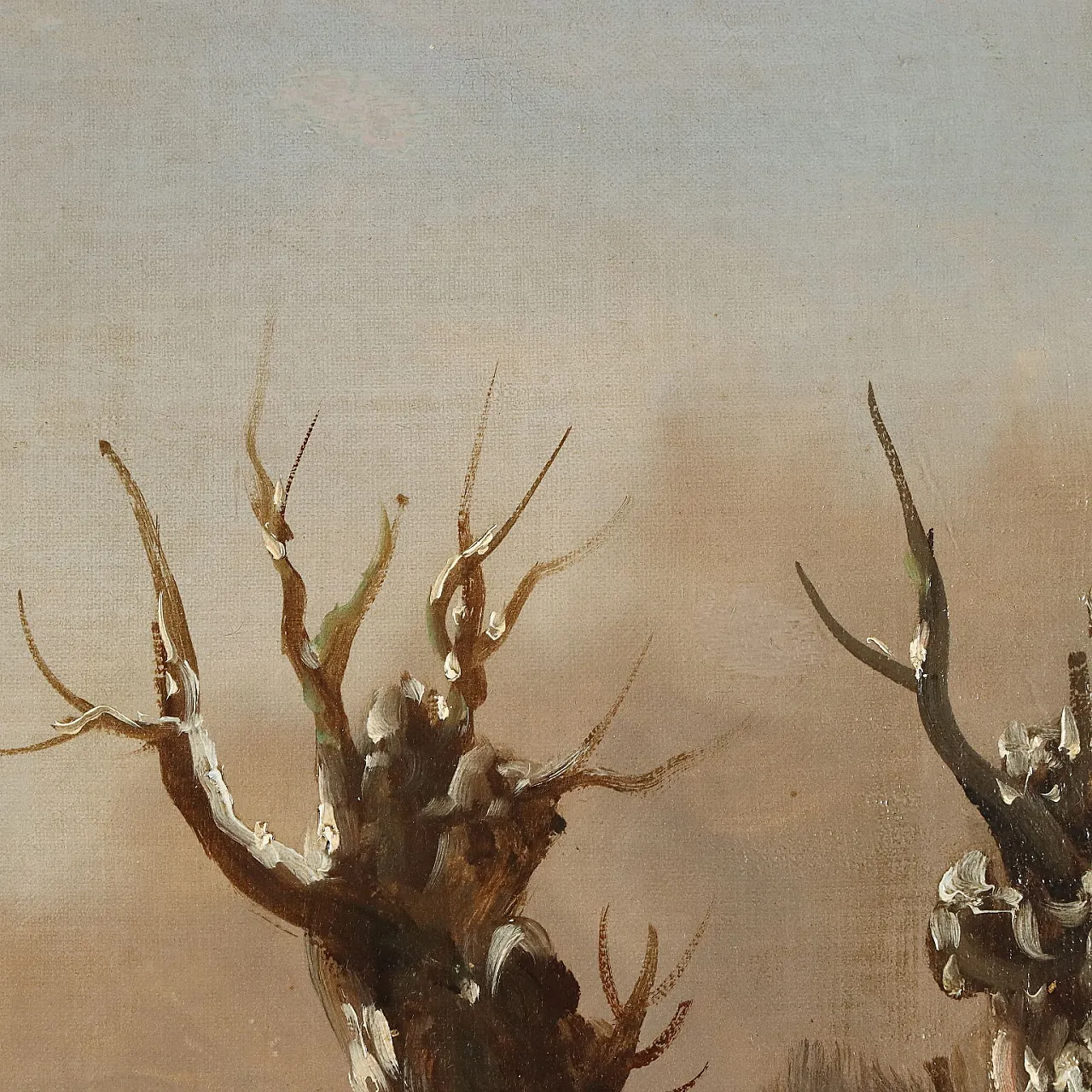 Paesaggio invernale con figure, dipinto a olio su tela, inizio '800 6