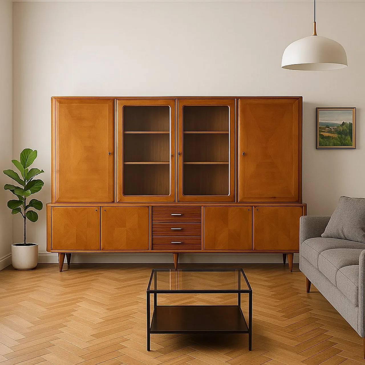 Wooden living room with display case, 1960s 2