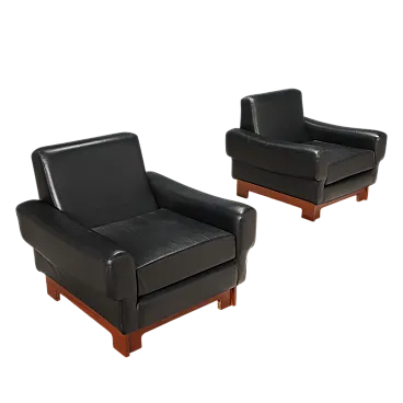 Pair of wooden armchairs and leather upholstery, 20th century
