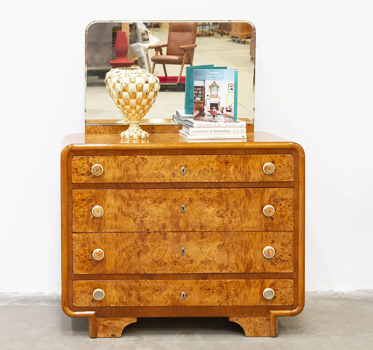 Comò Art Déco in radica di betulla, anni '40 1