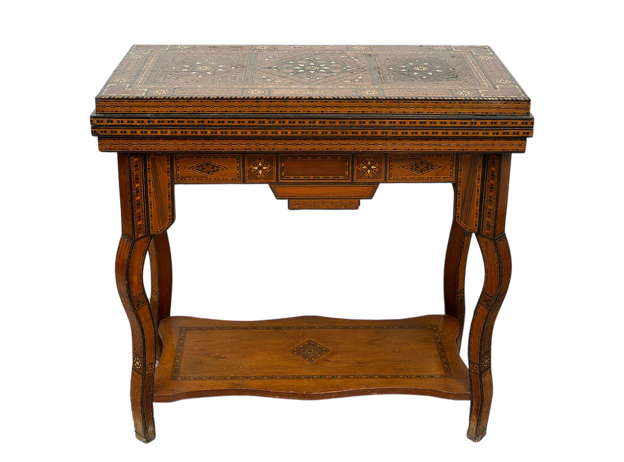 Tavolo da gioco in legno policromo con inserti in madreperla, '800 10