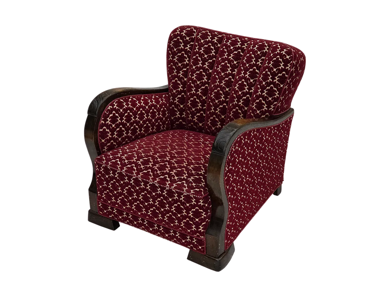 Danish armchair in cherry red velvet and oak wood, 1960s 23